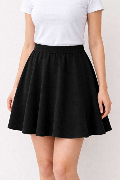 Butik Beli Lastikli Astarsız Diz Boyu Kadife Kloş Etek urun boy 50 cm