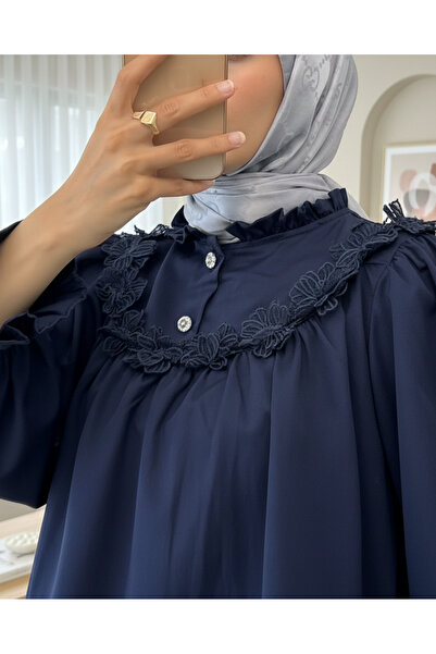 Modamorfo Cămașă cu mâneci elastice cu detalii florale - bleumarin