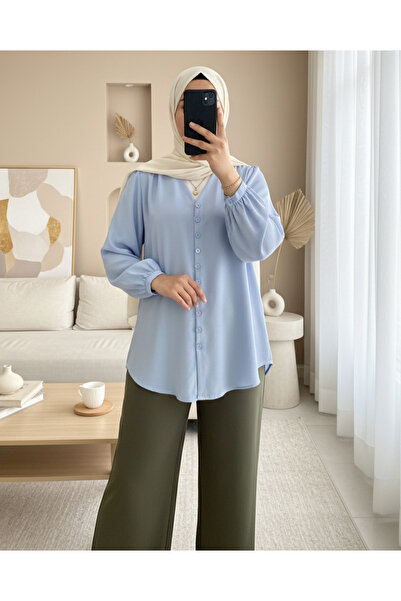 HİJABAYA V Yaka Düğmeli Arkası Uzun Gömlek