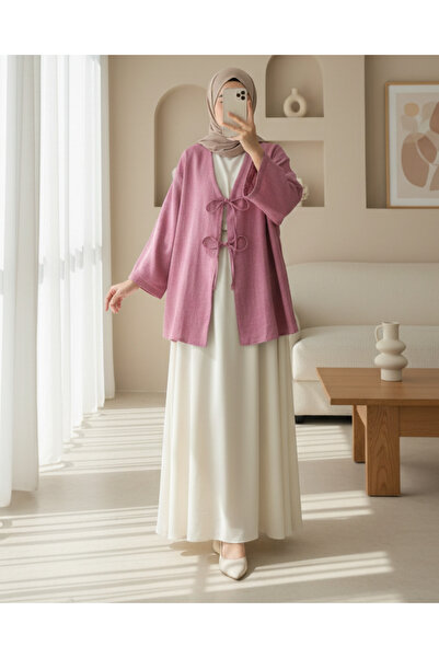 Modamorfo Lace Front Linen Kimono - Cherry