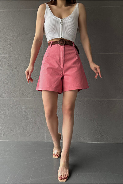 Fav Style Kadın Yüksek Bel Kemerli Cepli Geniş Paça Gabardin Şort Pembe