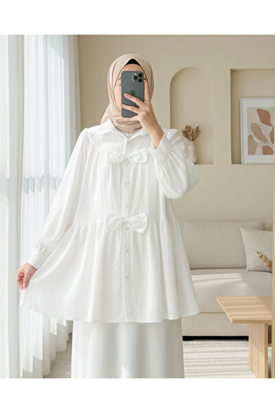 Modamorfo Πουκάμισο με λεπτομέρεια μπροστινού φιόγκου - Λευκό