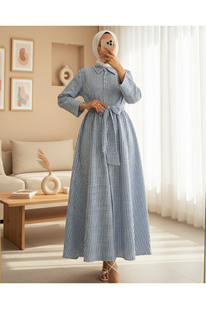 Modamorfo Rochie cu dungi cu cravată cu jumătate de nasture - Albastru