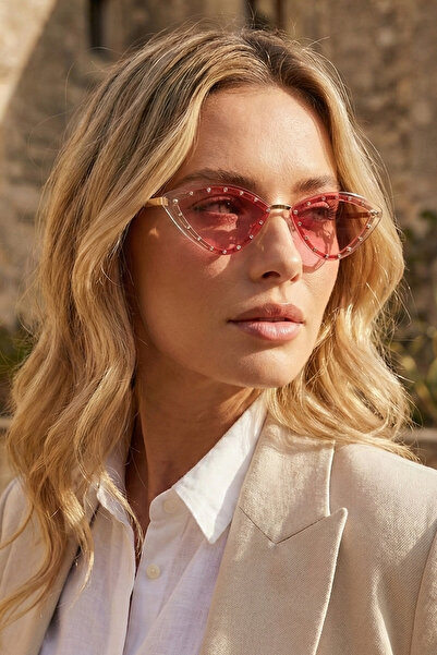 Kapin Kristsal Taşlı Cateye Tasarım Güneş Gözlüğü - Pembe