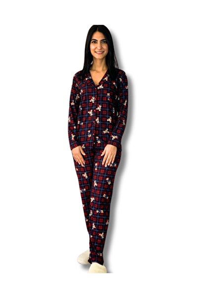 YusGos Women's Teddy Bear Patterned Suede Buttoned Plaid Pajama Set