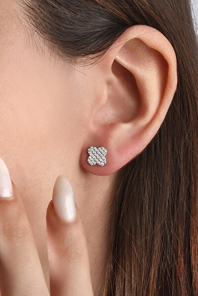 Mordays silver 925 Ayar Gümüş Zircon Taşlı Yonca Küpe