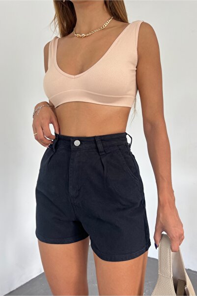 Fav Style Kadın Yüksek Bel Geniş Paça Pileli Cepli Kot Şort Siyah