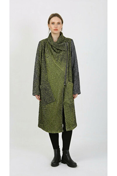 DES CONCEPT Kadın Asimetrik Fermuarlı Desenli Palto