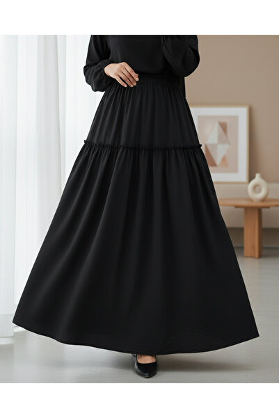 Modamorfo Parted Elastic Waist Kraş Pattern Parachute Skirt - Black