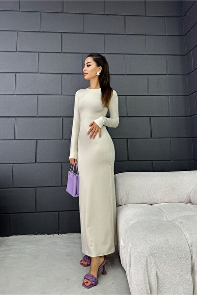 Fav Style Women's Crew Neck Long Sleeve Long Dress Beige