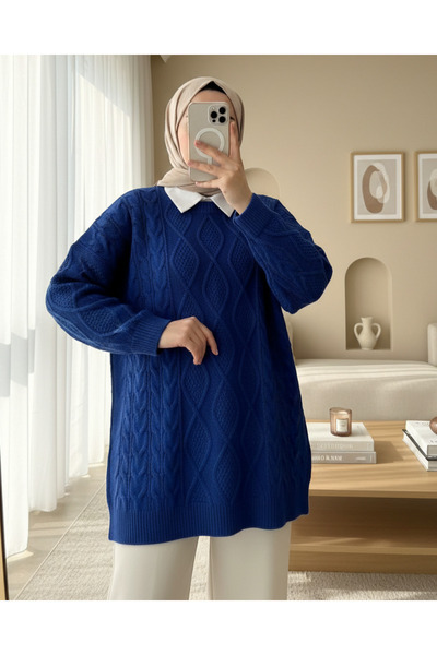 Modamorfo سترة تريكو شتوية بنمط قرص العسل - أزرق بلون الكوبالت