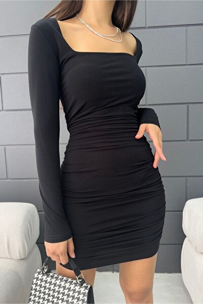 Fav Style Rochie mini pentru femei cu mânecă lungă, cu gât pătrat, neagră