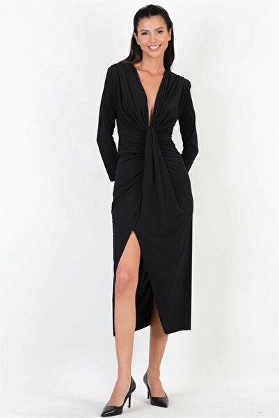 Spazio Perkins Omuz Pileli Önü Derin V Uzun Abiye Elbise SİYAH