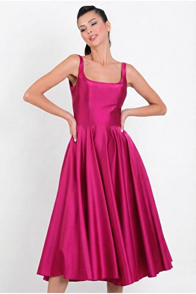 Spazio Nema Sırtı Çapraz Bağlamalı U Yaka Midi Abiye Elbise FUŞYA