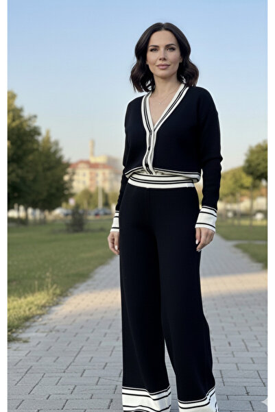 YusGos Women's Striped Buttoned Knitwear Cardigan Pants College Bottom Top Set