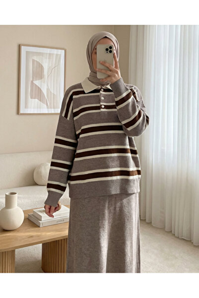 Modamorfo Polo Neck Buttoned Colorful Striped Knit Sweater - Earth