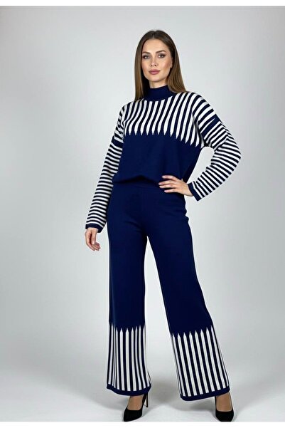 YusGos Women's Arm and Leg Striped Detail Piece Top Bottom Pants Sweater Knitwear Set