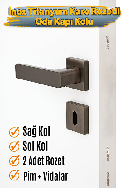 Badem10 İnox Titanyum Oda Tipi Kapı Kolu Rozetli Sağ Sol Uygun Modern İç Oda Kapı Tutamağı 1 Takım