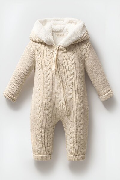 Nipperland Çaren Kids- Saç Örgü Motif Fermuar Kapama İçi Kürk Astar Unisex Kapüşonlu Bebek Triko Tulum