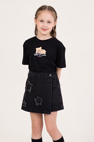 DMB BOYS & GIRLS Çaren Kids- Kız Yıldız Detaylı Pul İşleme Denim Şort Etek