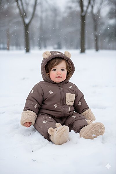 MDM Pamuk Astar- Dolgulu Patik-Eldivenli Ayıcık Figürlü Boydan Fermuarlı Kozm...