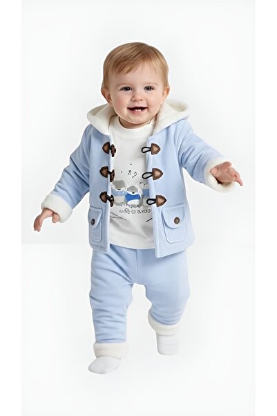 Bebezade Baby Boy Velvet 3-Piece Set - Fur Lining Hooded Cardigan, Fur Lining...