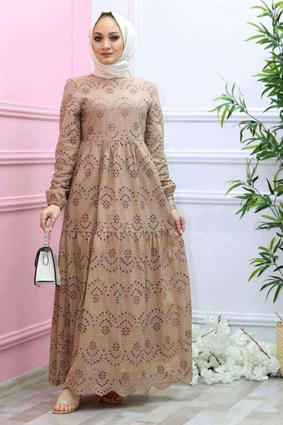 LUGMO Güpürlü Elbise Boydan Astarlı Pamuk Kumaş Vizon 4493