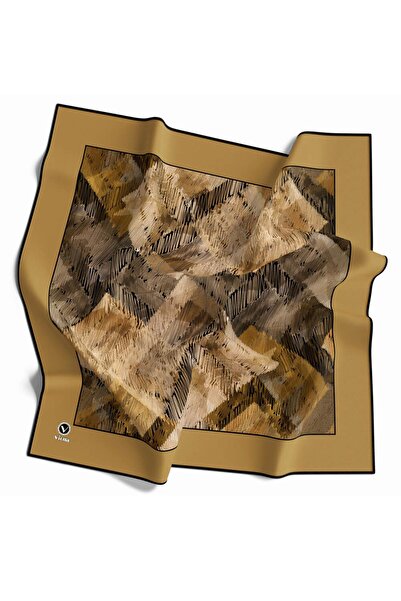 VİOLLA Soft Twill Bordürlü Karalama Desenli Gold Renkli 90x90 Eşarp (İpek İçe...