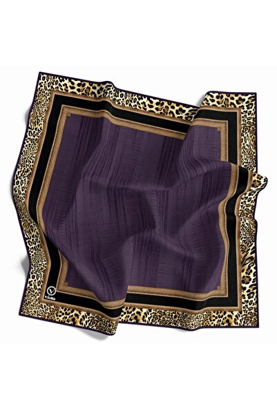 VİOLLA Soft Leopar Bordür Desenli Mor Renkli 90x90 Eşarp (İpek İçermez) Kenar...