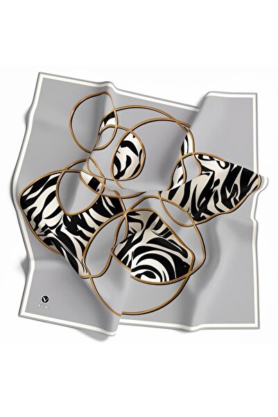 VİOLLA Soft Çember ve Zebra Desenli Gümüş Renkli 90x90 Eşarp (İpek İçermez) K...