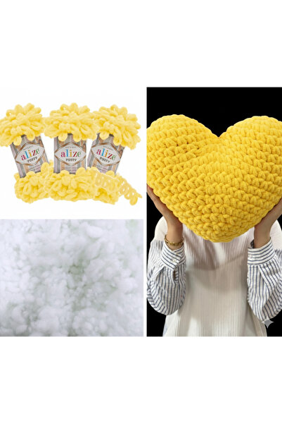 Alize Kalp Yastık Puffy Malzemesi 3 Adet Puffy 216 Sarı Ve 400gr. Boncuk Elyaf Seti