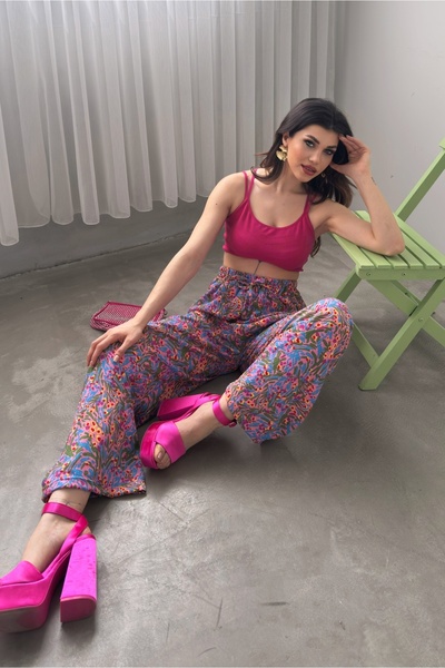 Fav Style Ψηλόμεσο γυναικείο παντελόνι Palazzo με μωβ στάμπα