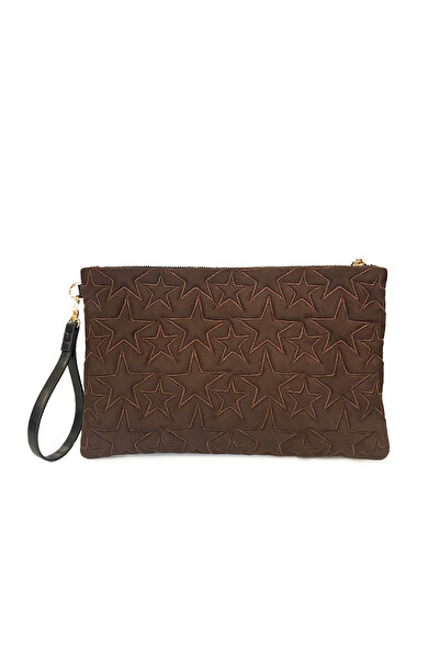 Ecrou Yıldız Desenli Kahve Süet Portföy & Clutch Çanta 30 × 19 cm