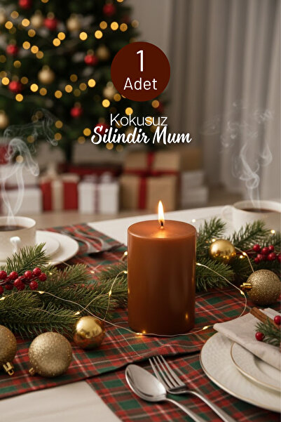 grimorlife 1 Adet Silindir Dekoratif Kokusuz Kahverengi Mum- Yılbaşı Yeni Yıl...