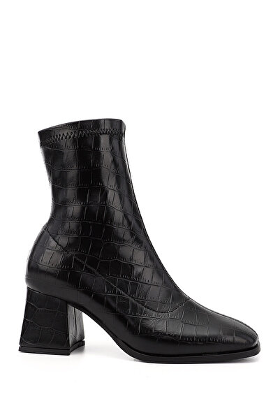 GÖNDERİ(R) حذاء نسائي أسود من جلد التمساح مظهر جلدي بكعب سميك قابل للتمدد