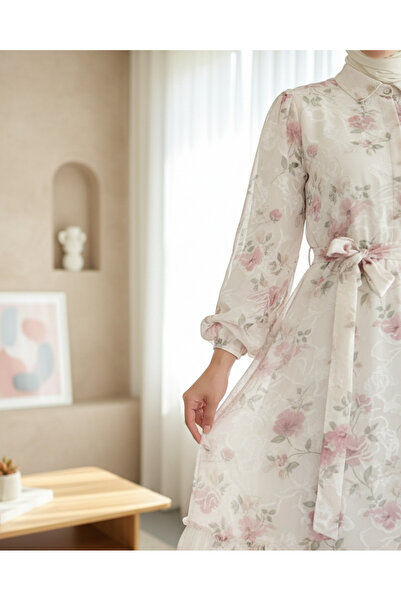 Modamorfo Φόρεμα με ζώνη με μισό κουμπί - Κρέμα