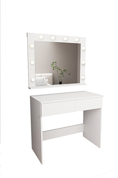 dekor fim DF02108B LED Işıklı Aynalı Holywood Makyaj Masası, Bölmeli Çekmeceli Organizer Kozmetik Masası