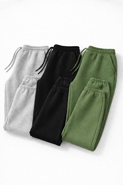 MARKATEM Pantaloni Joger cu talie elastică și cu șireturi, 2 fire, picior elastic, confortabil, combinație din 3 piese, negru, gri, verde