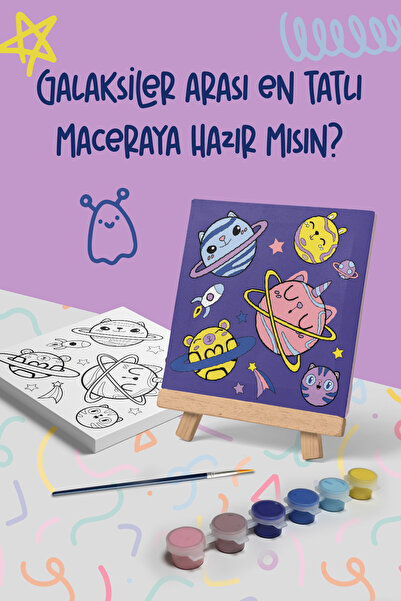 Mind & Play Galaksi Temalı Çocuk Şövale Tuval Boyama Seti | Ahşap Şövale+Tuval+6 Renk Akrilik Boya+Fırça