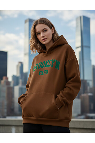 RPT MODA سويت شيرت بروكلين أخضر كبير الحجم بطباعة مفصلة وغطاء للرأس