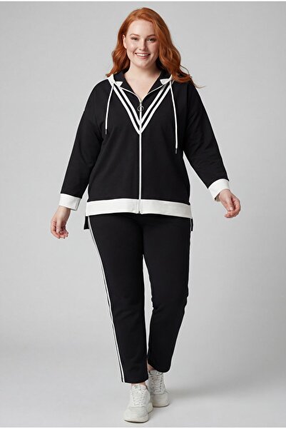 Ebsumu Set de trening negru pentru femei, mărime mare, cu dungi duble și detaliu Garni