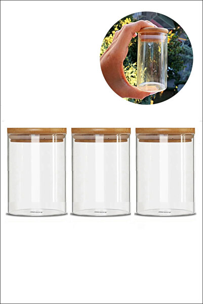 TrendHediye 3 قطع 250 مل حاوية توابل زجاجية من البورسليكات مع غطاء من الخيزران 6580