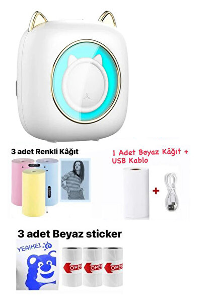 Schulzz Mini Cep Termal Yazıcı Beyaz Kedili, 3adet Beyaz, 3adet Renkli Sticke...