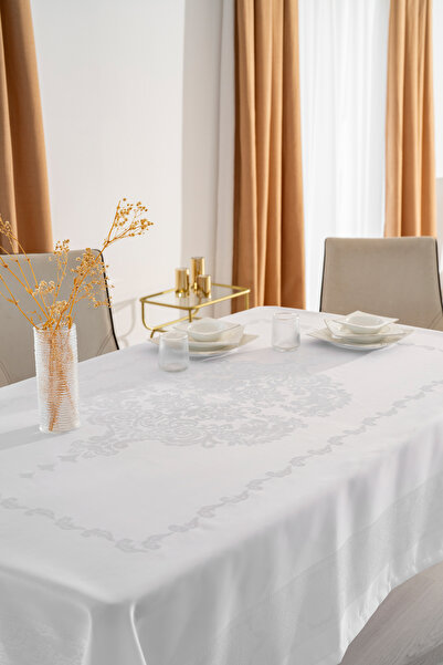 Tropikhome Jumbo Jakar Pano Desen Leke Tutmaz Jakarlı 150x220 Cm Lüks 8 Kişilik Masa Örtüsü Beyaz