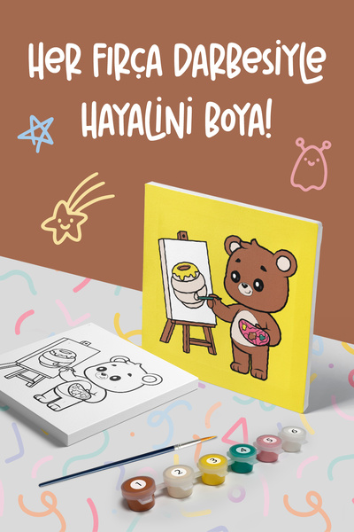 Mind & Play Ressam Ayı Temalı Çocuk Tuval Boyama Seti | Tuval + 6 Renk Akrili...