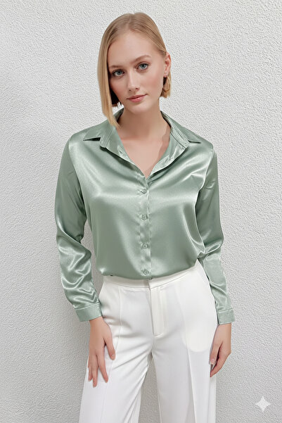 hazelin Kadın Çağla Yeşili Hafif Dökümlü Saten Yüzeyli Gömlek Hzl22w-bd139641