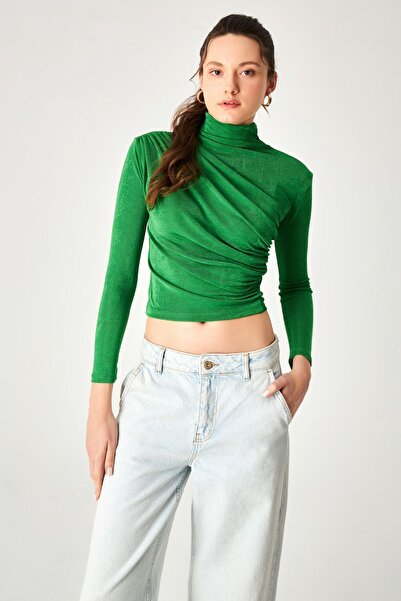 Kallisto Yeşil Dik Yaka Esnek Drapeli Bluz