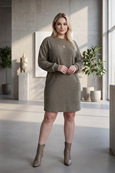 Stil Diva فستان بقصة مستقيمة وأكمام طويلة وياقة دائرية مقاس كبير 106-97