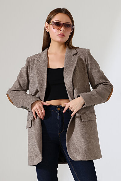 LOKADI Kadın Balık Sırtı Dirsek Detaylı Tek Düğme Kruvaze Blazer Ceket