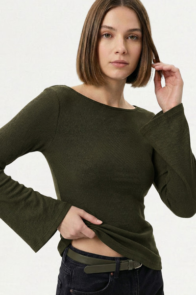 VODENS Bluză tricou de bază din bumbac 100% kaki cu mâneci clopot